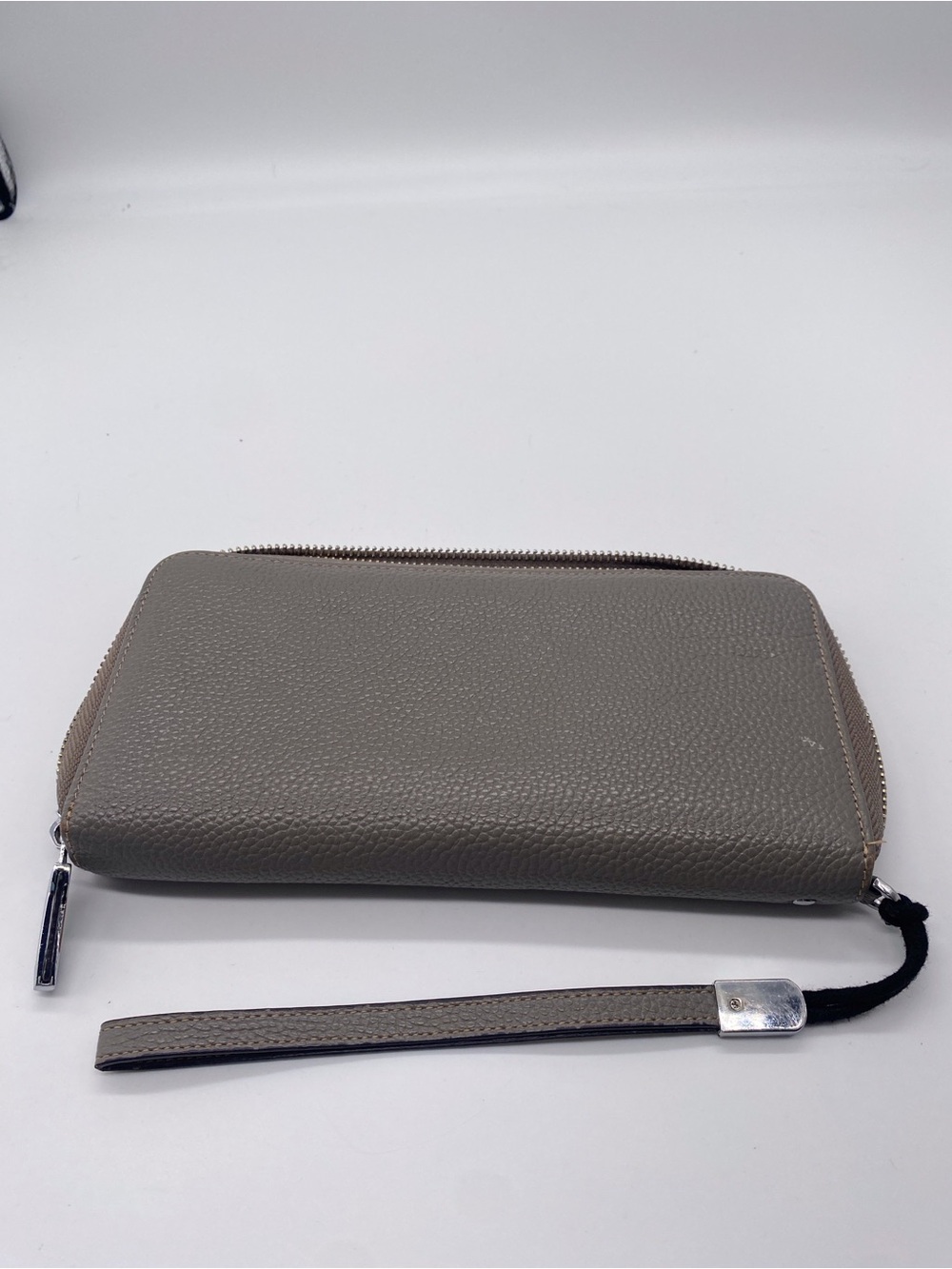 Pebbled Gray Leather Zip-Around Wristlet Clutch